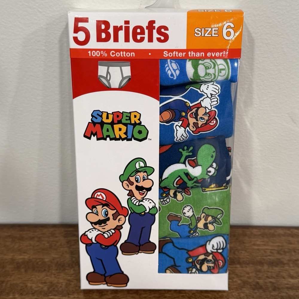 Super Mario Boys Underwear Briefs Sz 6 Nintendo Luigi Yoshi 100% Cotton NEW 5-Pk